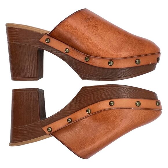 Cato Comfort Brown Leather Studded Braided Detail 4” Block Heel Clogs Size 9 - Picture 5 of 13